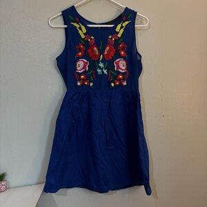 Signature8 Royal Blue Sleeveless Dress with Multicolor Floral Embroidery